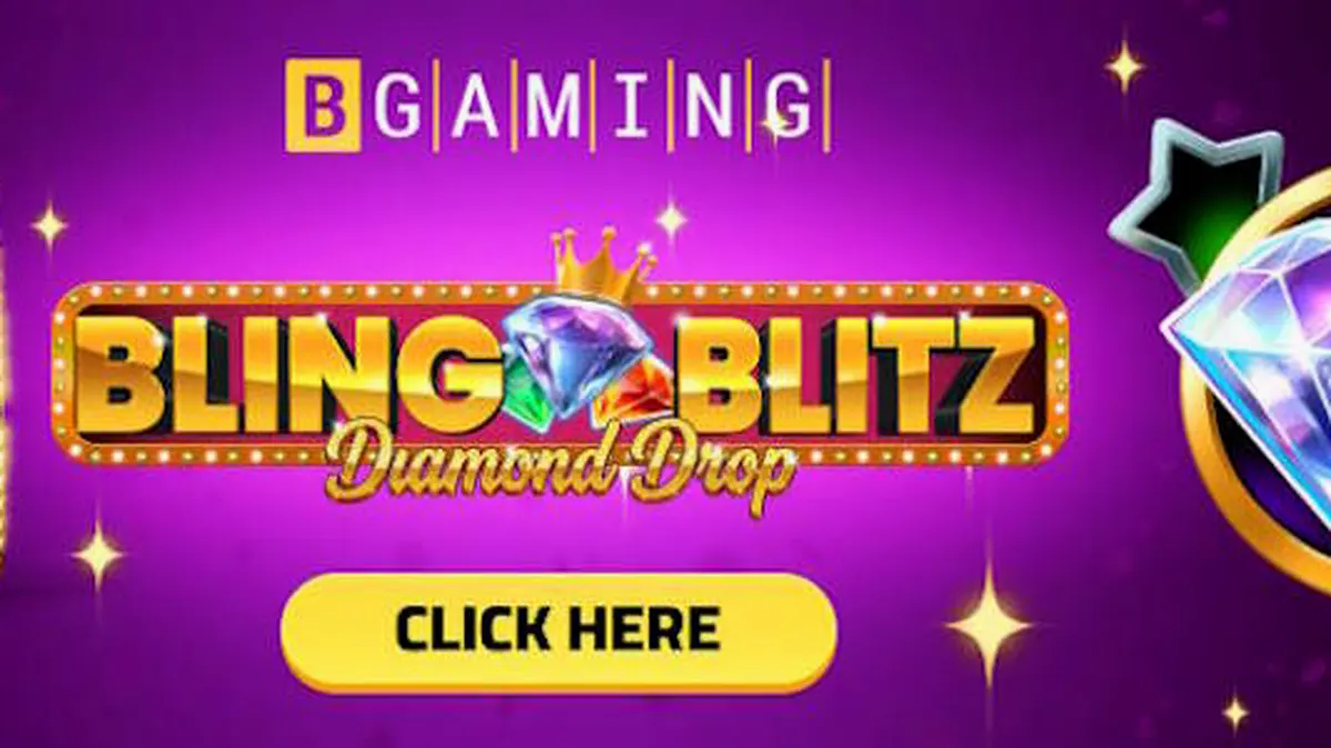 Tampilan visual mewah dari slot Bling Blitz Diamond Drop dengan elemen berlian dan latar belakang gelap.